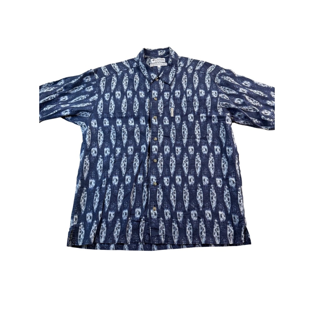 Columbia Button Down Mens L Blue Tribal Batik Print Ramie Cotton S'02 AM 7664